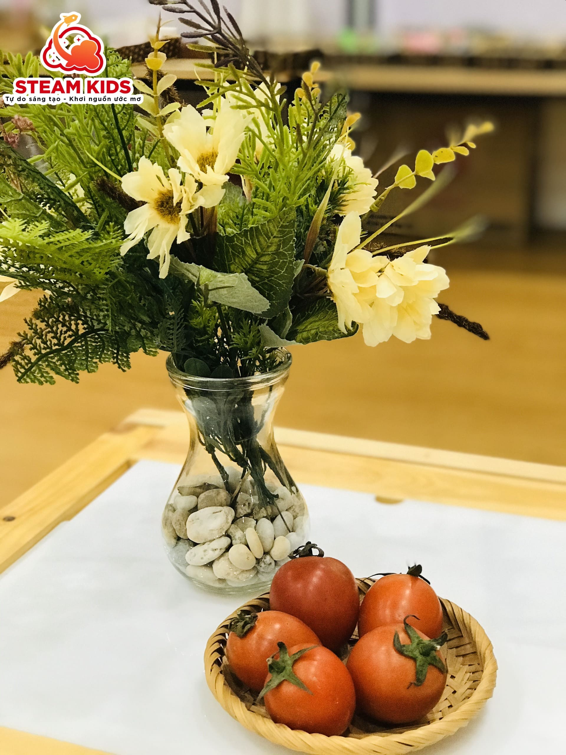 HOẠT ĐỘNG REGGIO: KHÁM PHÁ QUẢ CÀ CHUA TRÊN BÀN ÁNH SÁNG - Trường Mầm Non STEAM KIDS
