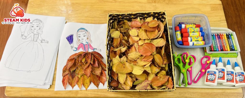 HOẠT ĐỘNG SÁNG TẠO: BÉ TRANG TRÍ VÁY BẰNG LÁ CÂY - Trường Mầm Non STEAM KIDS
