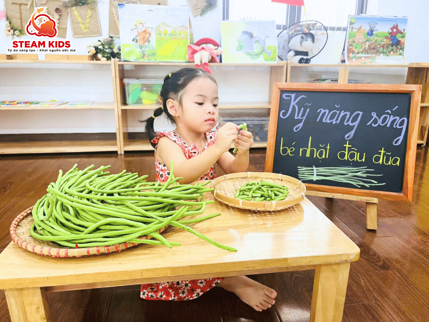 BÉ TẬP LÀM VIỆC NHÀ – NHẶT ĐẬU ĐŨA CÙNG CÁC BẠN NHỎ LỚP STEAM 12 - Trường Mầm Non STEAM KIDS